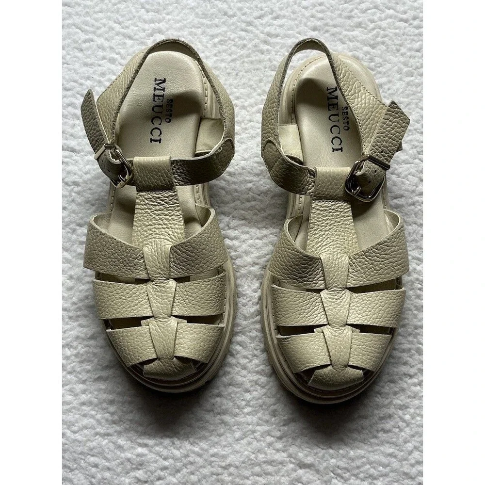 Sesto Meucci Sandals Womens 38 Cream Pebbled Leather Fisherman Chunky Lug-sole